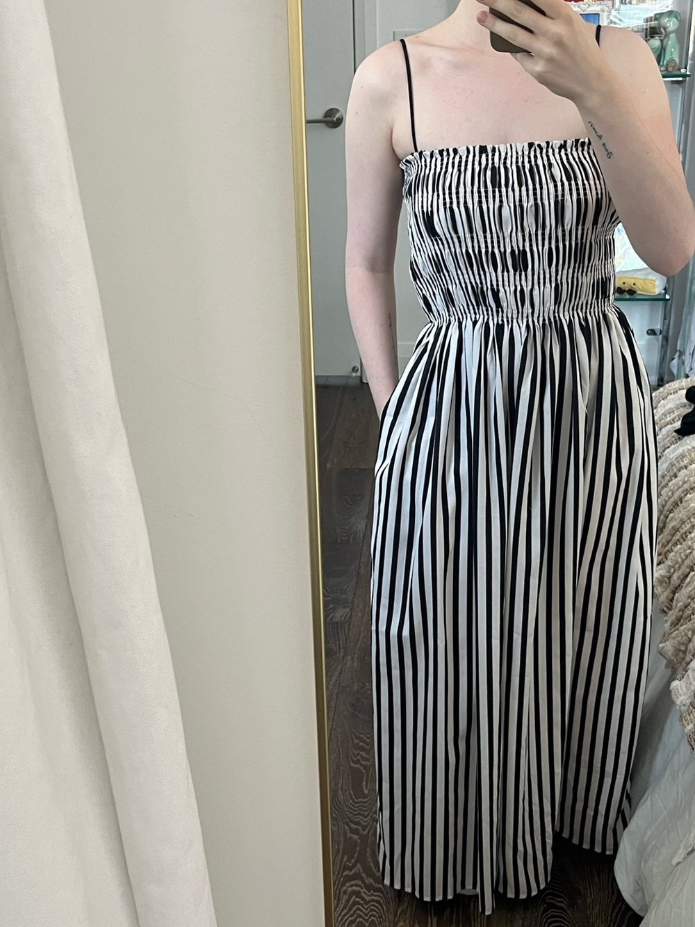 Commense Black and White Striped Smocked Maxi Dress